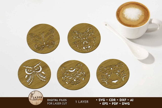 Animal Cup Coasters Set, Onelayered Template SVG LaserCutano 