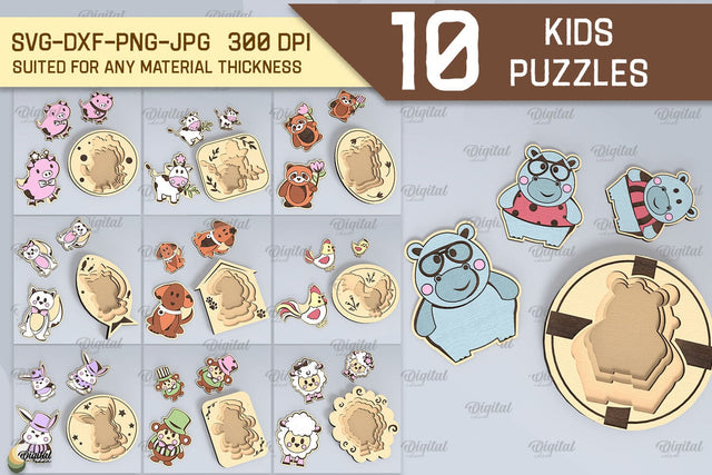 Animal Family Puzzles Laser Cut Bundle. Kids Toy Puzzles SVG SVG Evgenyia Guschina 