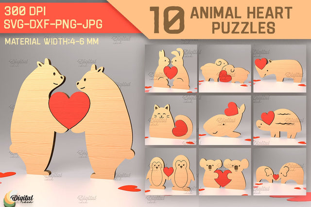 Animal Heart Puzzle SVG Bundle. Valentine Puzzle Laser Cut SVG Evgenyia Guschina 