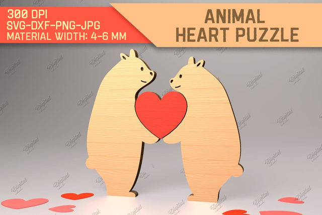 Animal Heart Puzzle. Valentine Puzzle Laser Cut. Bear SVG SVG Evgenyia Guschina 