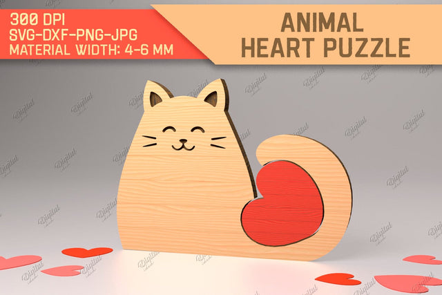 Animal Heart Puzzle. Valentine Puzzle Laser Cut. Cat SVG SVG Evgenyia Guschina 