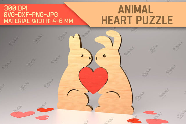 Animal Heart Puzzle. Valentine Puzzle Laser Cut. Rabbit SVG SVG Evgenyia Guschina 