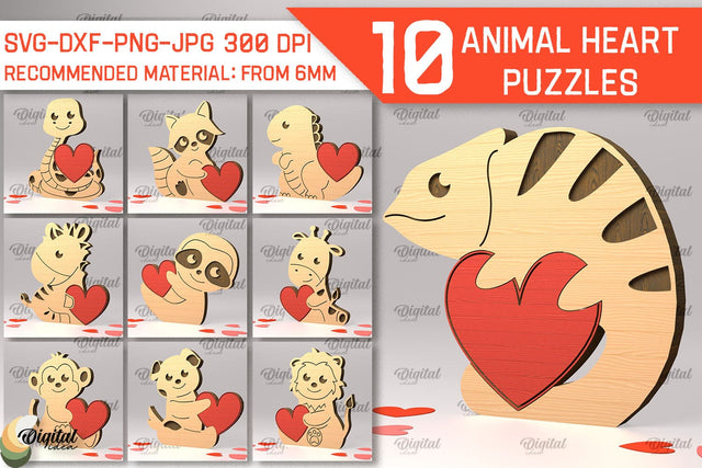 Animal Heart Puzzles Laser Cut Bundle. Wooden Puzzles SVG SVG Evgenyia Guschina 