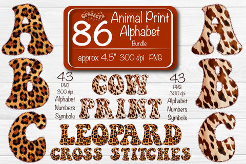 Animal Print Alphabet PNG Bundle Leopard and Cow Letters Numbers Symbols Sublimation Createya Design 