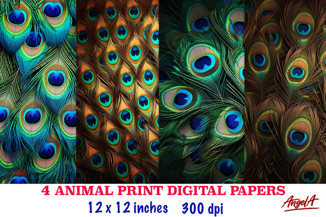 Animal print digital papers, peacock feather sublimation Digital Pattern Angelina Semenova 