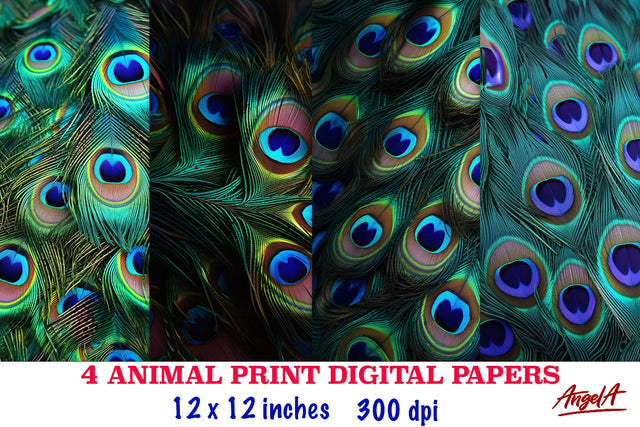 Animal print digital papers, peacock feather sublimation Digital Pattern Angelina Semenova 