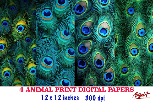 Animal print digital papers, peacock feather sublimation Digital Pattern Angelina Semenova 