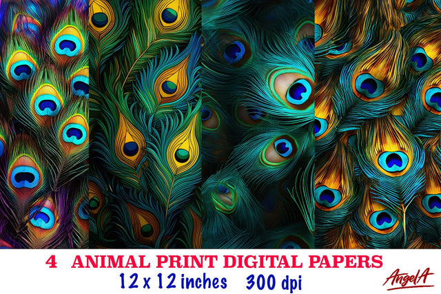 Animal print digital papers, peacock feather sublimation Digital Pattern Angelina Semenova 