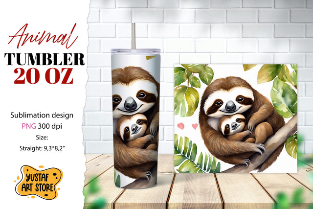 Animal tumbler sublimation. Mom and baby Sloth tumbler wrap Sublimation Yustaf Art Store 