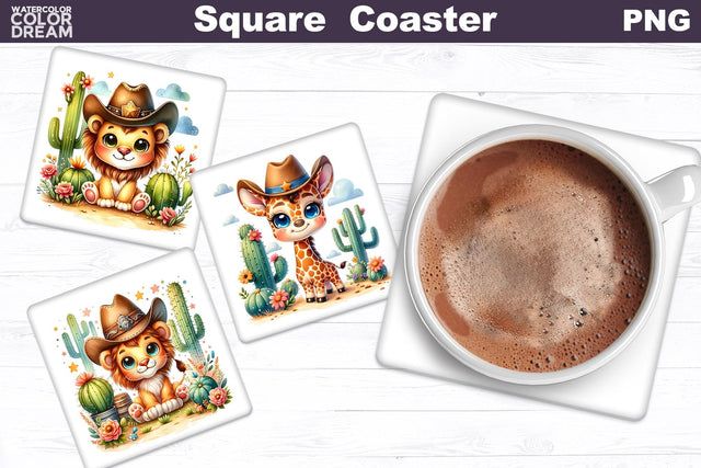 Animal Western Square Coaster | Cute Cowboy Square Coaster Sublimation WatercolorColorDream 