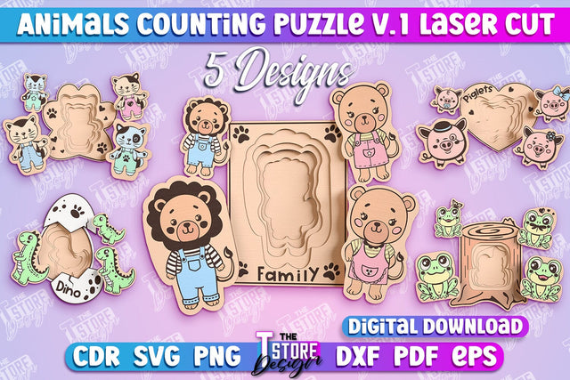 Animals Counting Puzzle Laser Cut | Baby Game Design | Animals Design v.1 SVG The T Store Design 