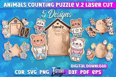 Animals Counting Puzzle Laser Cut Bundle | Baby Game Design | Animals Design v.2 SVG The T Store Design 
