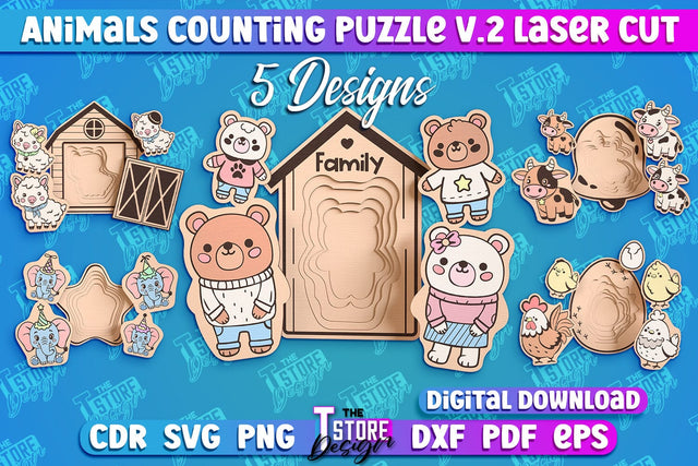 Animals Counting Puzzle Laser Cut Bundle | Baby Game Design | Animals Design v.2 SVG The T Store Design 