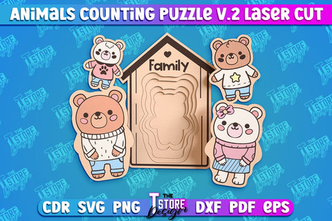 Animals Counting Puzzle Laser Cut Bundle | Baby Game Design | Animals Design v.2 SVG The T Store Design 
