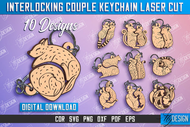 Animals Couple Keychain Bundle | Interlocking Couple Keychain Design | CNC Files SVG Fly Design 