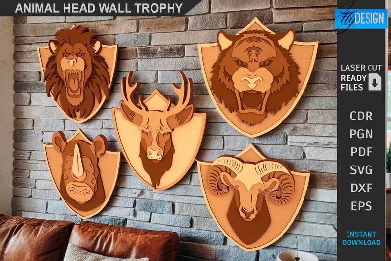 Animals Head Wall Trophy Laser Cut Bundle | Layered Laser Cut | Home Décor | Trophy Wall Art Design | Office Décor | Digital Download | Animals Design | Wall Décor | Animals Head Trophy | CNC Files SVG Fly Design 