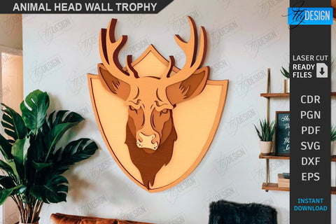Animals Head Wall Trophy Laser Cut Bundle | Layered Laser Cut | Home Décor | Trophy Wall Art Design | Office Décor | Digital Download | Animals Design | Wall Décor | Animals Head Trophy | CNC Files SVG Fly Design 