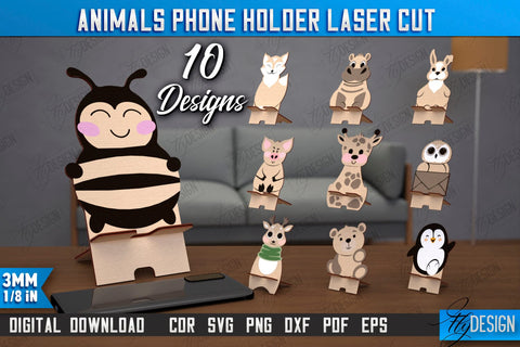 Animals Phone Stands Laser Cut Bundle, 3D Cell Phone Holder, Smartphone Table Stand SVG Fly Design 