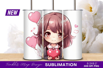 Anime girl holding heart balloons tumbler png Sublimation Regulrcrative 