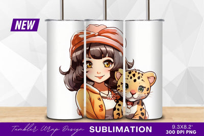 Anime girl with leopard cub tumbler png Sublimation Regulrcrative 