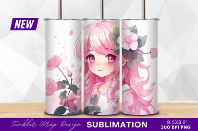 Anime girl with pink hair and flowers Sublimation Regulrcrative 