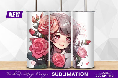 Anime girl with pink roses clipart png Sublimation Regulrcrative 