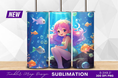 Anime mermaid with fish underwater illustration Sublimation Regulrcrative 
