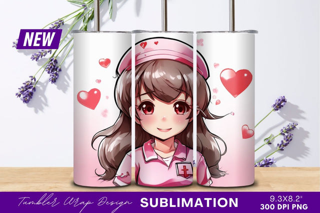 Anime nurse illustration with hearts tumbler png Sublimation Regulrcrative 