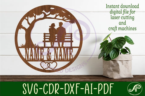 Anniversary couple on park bench themed name sign svg laser SVG APInspireddesigns 