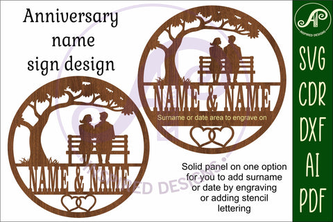 Anniversary couple on park bench themed name sign svg laser SVG APInspireddesigns 
