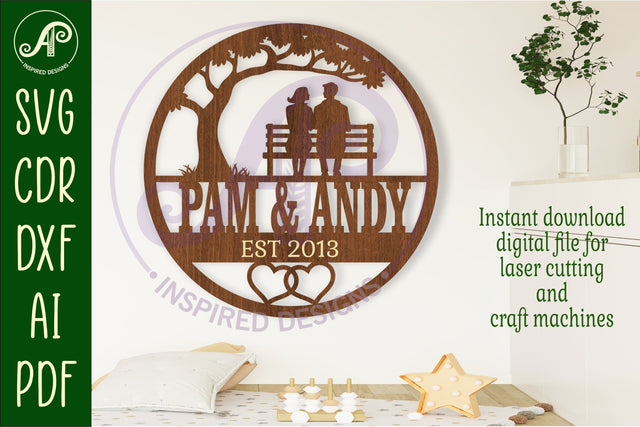 Anniversary couple on park bench themed name sign svg laser SVG APInspireddesigns 