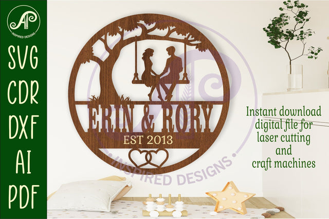 Anniversary couple on swing themed name sign svg laser SVG APInspireddesigns 