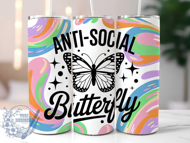 Anti-Social Butterfly 20oz Tumbler, Anti‑Social Butterfly Wrap, Funny Sublimation Design, Sarcastic Quote PNG, Humor Tumbler Wrap, 20oz Tumbler Sublimation ToriDesigns 