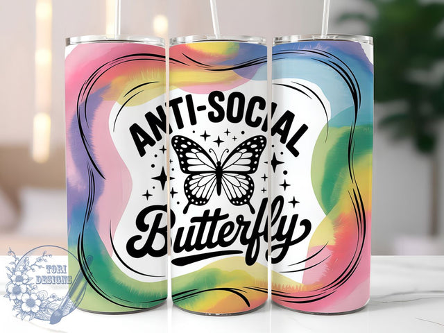 Anti-Social Butterfly 20oz Tumbler, Anti‑Social Butterfly Wrap, Funny Sublimation Design, Sarcastic Quote PNG, Humor Tumbler Wrap, 20oz Tumbler Sublimation ToriDesigns 