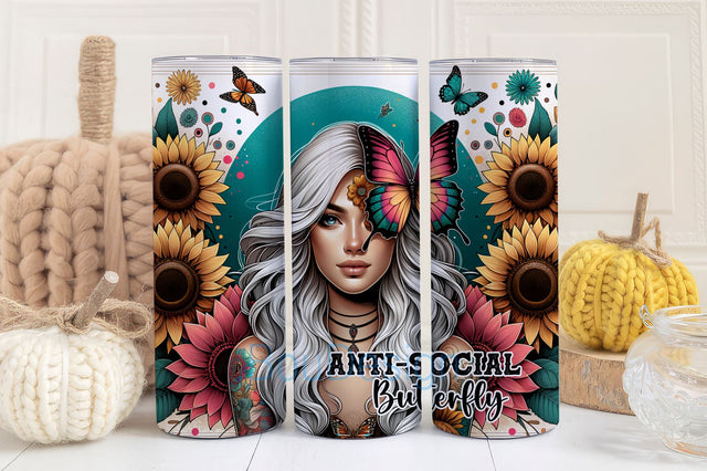 Anti Social Butterfly 20oz Tumbler Designs, Butterfly Wrap, Pastel Sunflowers, Girl With tattoos, Purple Butterflies Sublimation BouDesign 