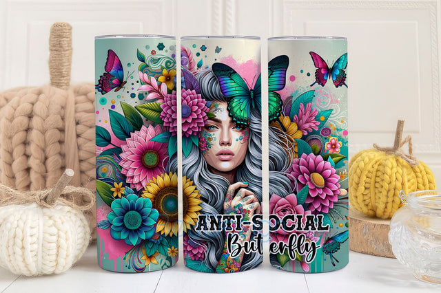Anti Social Butterfly 20oz Tumbler Designs, Butterfly Wrap, Pastel Sunflowers, Girl With tattoos, Purple Butterflies Sublimation BouDesign 