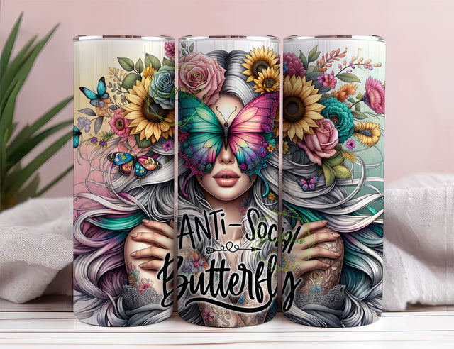 Anti-Social Butterfly 20oz Tumbler Designs, Butterfly Wrap Sunflowers Girl With Tattoos Sublimation PixelChick 