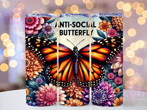 Anti-Social Butterfly, Butterfly Design, 20oz Tumbler, PNG Sublimation, Introvert Gift, Nature Lover, Unique Drinkware, Tumbler Wrap Sublimation SvggirlplusArt 