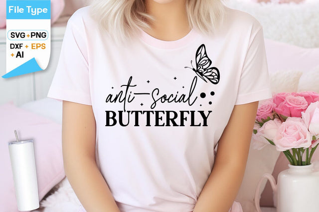 Anti-social Butterfly SVG Cut File, SVGs,Quotes and Sayings,Food & Drink,On Sale, Print & Cut SVG DesignPlante 503 