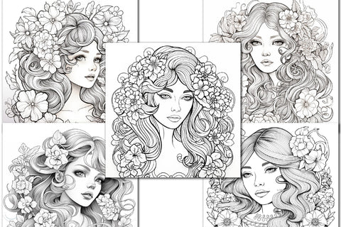Anti-stress coloring book with girls with flowers for adults Sketch DESIGN Yuliya 