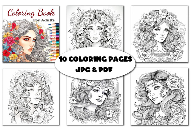 Anti-stress coloring book with girls with flowers for adults Sketch DESIGN Yuliya 