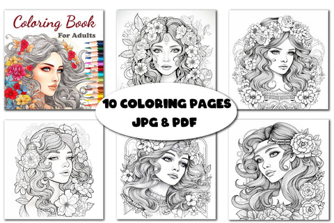 Anti-stress coloring book with girls with flowers for adults Sketch DESIGN Yuliya 