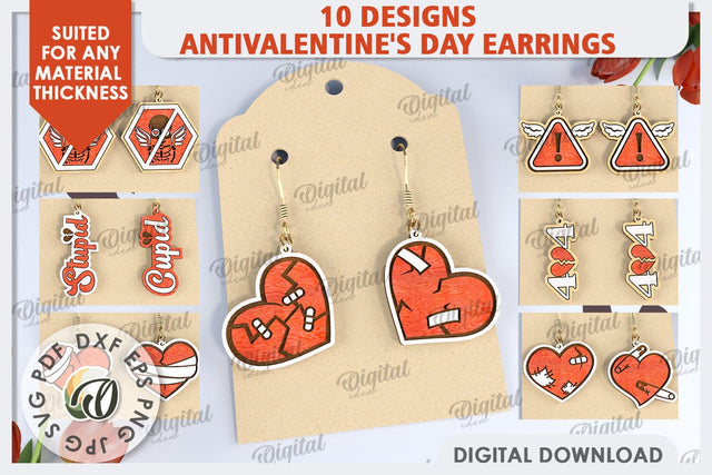 Anti Valentine's Day Earrings Laser Cut Bundle. Earrings SVG SVG Evgenyia Guschina 