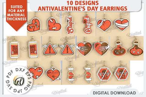 Anti Valentine's Day Earrings Laser Cut Bundle. Earrings SVG SVG Evgenyia Guschina 