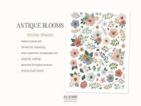 Antique Blooms Floral Sticker Sheet SVG Aja Nicole Designs 