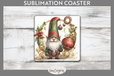 Antique Christmas Gnome v1 Square Coaster Sublimation Sublimation Sintegra 