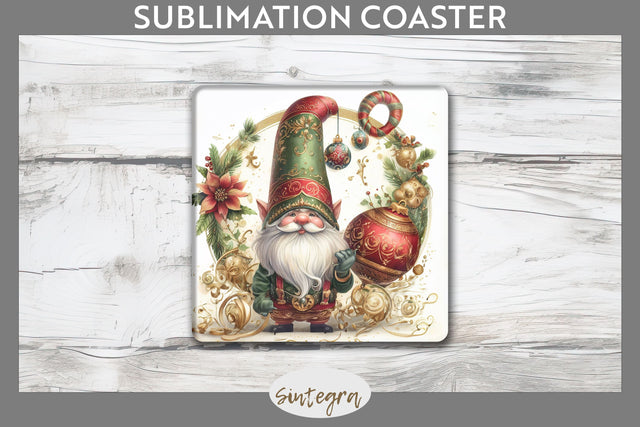 Antique Christmas Gnome v1 Square Coaster Sublimation Sublimation Sintegra 