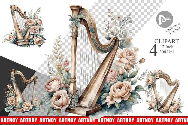 Antique Harp Clipart Sublimation artnoy 