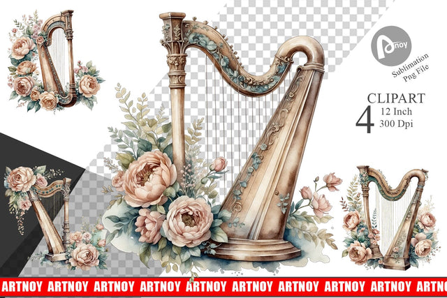 Antique Harp Clipart Sublimation artnoy 