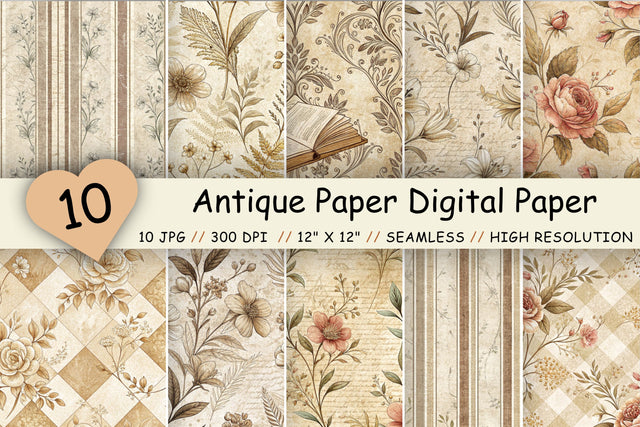 Antique Paper Digital Paper Pack, Vintage Floral Seamless Textures, Scrapbooking & Printable Crafts Digital Pattern FloridPrintables 